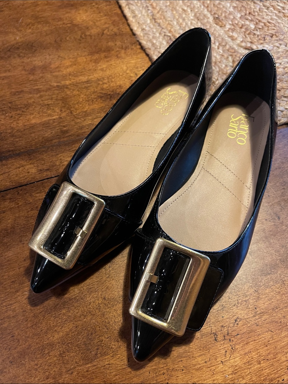 Franco Sarto Black Patent Pointed Flats with Gold Buckle Accent-like new